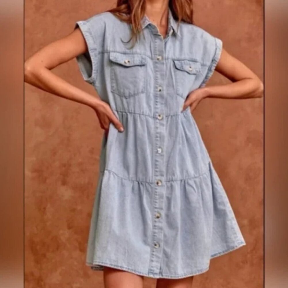 Savanna Jane Tiered Chambray Denim Button Front Mini Dress Size M Casual Boho